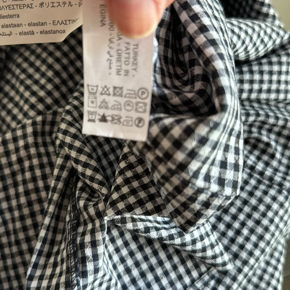 Zara Gingham Puff Sleeve Mock Neck Blouse